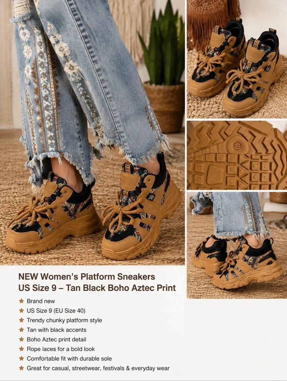 NEW Women’s Platform Sneakers US Size 9 Tan Black Boho Aztec Print Chunky Shoes